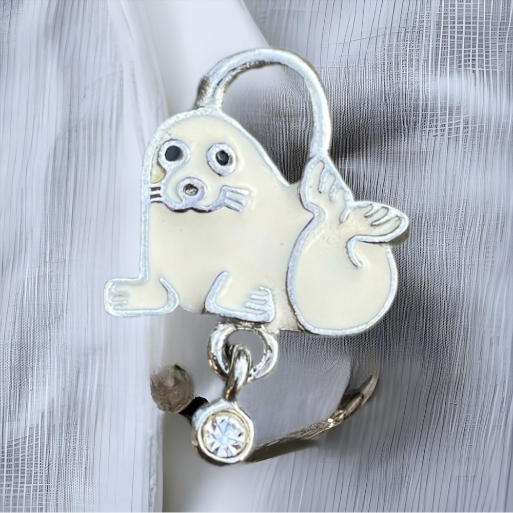 White Harp Seal Charm Pendant Dangle Bezel Set Faux Diamond 1” Long